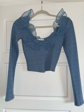 Zara Blue Organza Ruffle Ribbed Knit Crop Top
